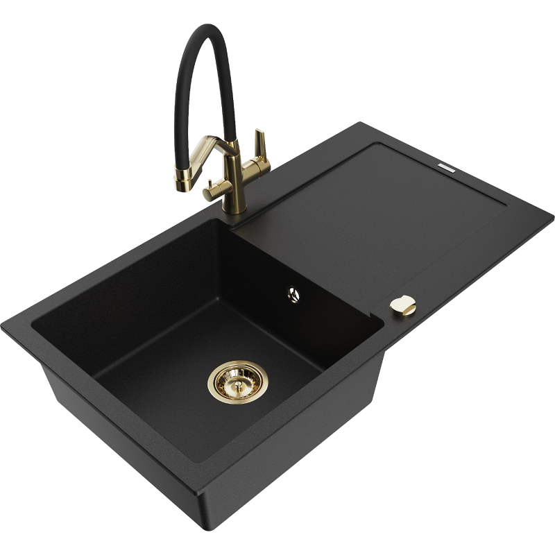 Mexen Leo granitový jednodřez s odkapávačem a kuchyňskou baterií Duo, černý - 6501-77-671701-57-G