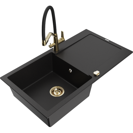 Mexen Leo granitový jednodřez s odkapávačem a kuchyňskou baterií Duo, černý - 6501-77-671701-57-G