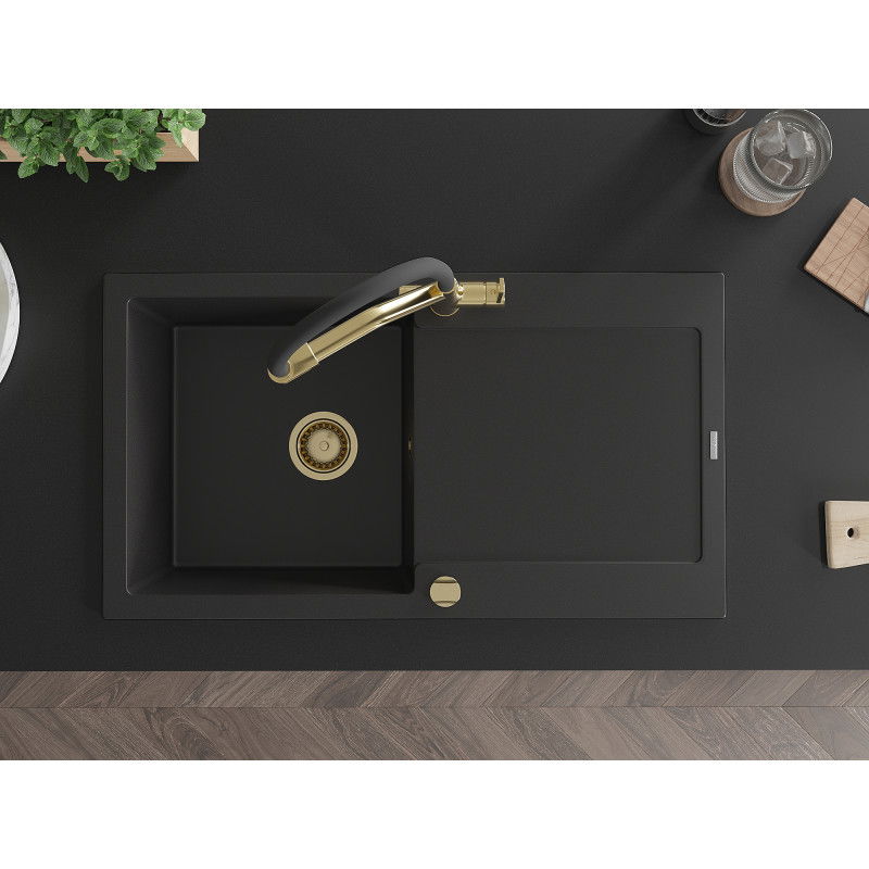Mexen Leo granitový jednodřez s odkapávačem a kuchyňskou baterií Duo, černý - 6501-77-671701-57-G