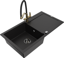 Mexen Leo granitový dřez s 1 komorou, odkapávačem a kuchyňskou baterií Duo, černý - 6501-77-671701-57-B