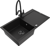 Mexen Leo granitový dřez s 1 komorou a odkapávačem a kuchyňskou baterií Duo, černý - 6501-77-671701-70-B