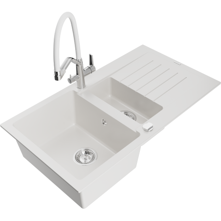 Mexen Matias granitový dřez 1,5-komorový s odkapávačem a kuchyňskou baterií Duo, bílý - 6502-20-671701-02