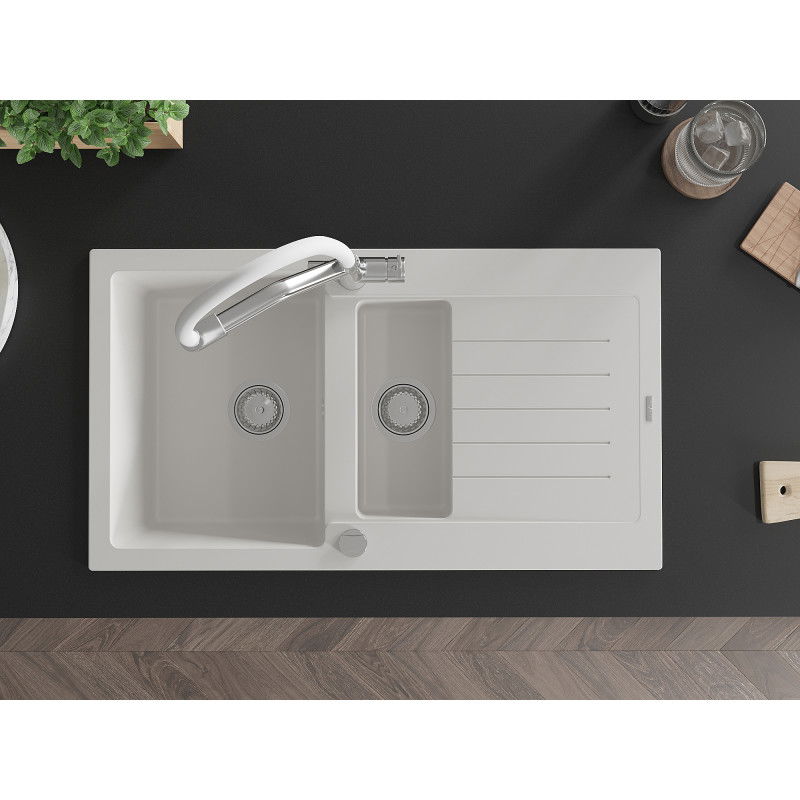 Mexen Matias granitový dřez 1,5-komorový s odkapávačem a kuchyňskou baterií Duo, bílý - 6502-20-671701-02