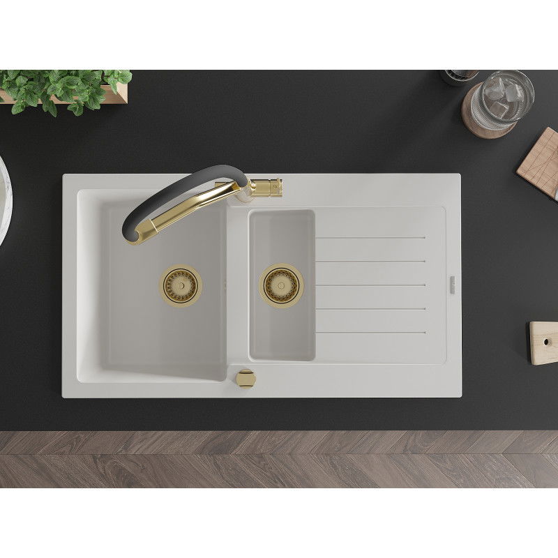 Mexen Matias granitový dřez 1,5-komorový s odkapávačem a kuchyňskou baterií Duo, bílý - 6502-20-671701-57-G