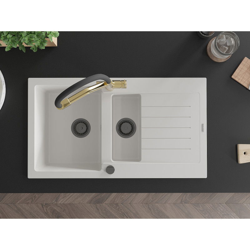 Mexen Matias žulový dřez 1,5komorový s odkapávačem a kuchyňskou baterií Duo, bílý - 6502-20-671701-57-B