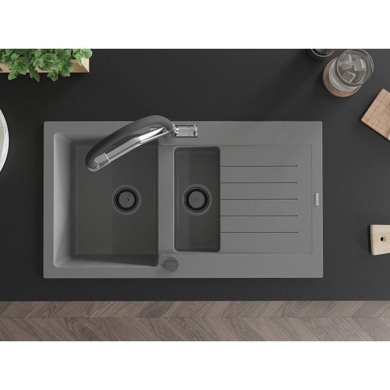 Mexen Matias granitový dřez 1,5-komorový s odkapávačem a kuchyňskou baterií Duo, šedý - 6502-71-671701-07-B