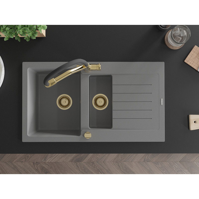 Mexen Matias granitový dřez 1,5-komorový s odkapávačem a kuchyňskou baterií Duo, šedý - 6502-71-671701-57-G