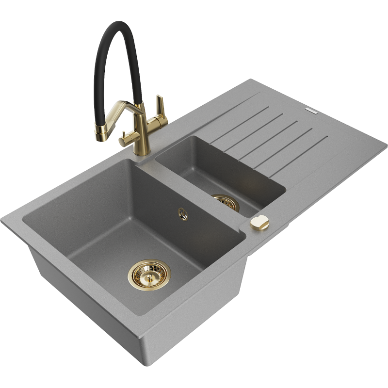 Mexen Matias granitový dřez 1,5-komorový s odkapávačem a kuchyňskou baterií Duo, šedý - 6502-71-671701-57-G
