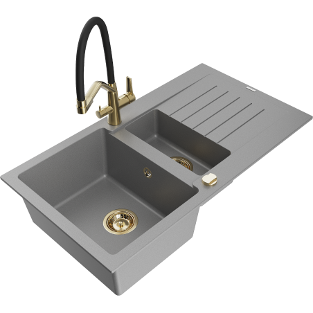 Mexen Matias granitový dřez 1,5-komorový s odkapávačem a kuchyňskou baterií Duo, šedý - 6502-71-671701-57-G