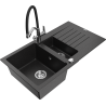 Mexen Matias dřez granitový 1,5-komorový s odkapávačem a kuchyňskou baterií Duo, černý/stříbrný metalik - 6502-73-671701-07
