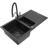Mexen Matias žulový dřez 1,5-komorový s odkapávačem a kuchyňskou baterií Duo, černý/stříbrný - 6502-73-671701-07-B