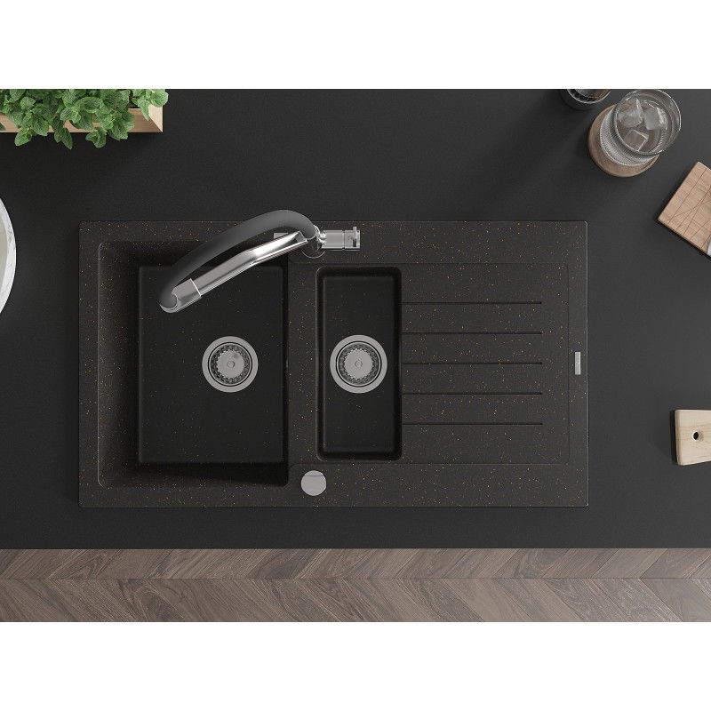 Mexen Matias granitový dřez 1,5-komorový s odkapávačem a kuchyňskou baterií Duo, černý/zlatý metalik - 6502-75-671701-07
