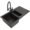 Mexen Matias žulový dřez 1,5-komorový s odkapávačem a kuchyňskou baterií Duo, černý/zlatý metalický - 6502-75-671701-70-B