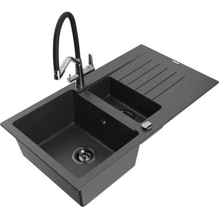 Mexen Matias granitový dřez 1,5-komorový s odkapávačem a kuchyňskou baterií Duo, černý s nádechem - 6502-76-671701-07-B