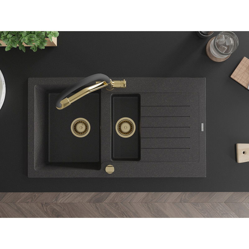 Mexen Matias žulový dřez 1,5-komorový s odkapávačem a kuchyňskou baterií Duo, černý s tečkami - 6502-76-671701-57-G
