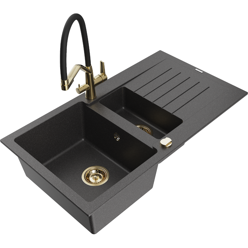 Mexen Matias žulový dřez 1,5-komorový s odkapávačem a kuchyňskou baterií Duo, černý s tečkami - 6502-76-671701-57-G