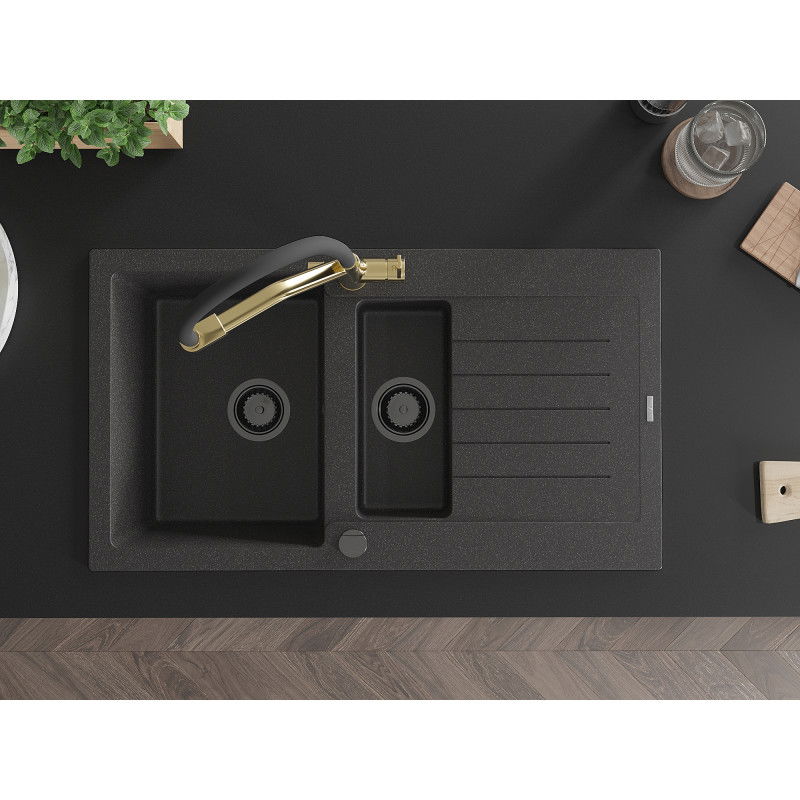 Mexen Matias granitový dřez 1,5-komorový s odkapávačem a kuchyňskou baterií Duo, černý skvrnitý - 6502-76-671701-57-B