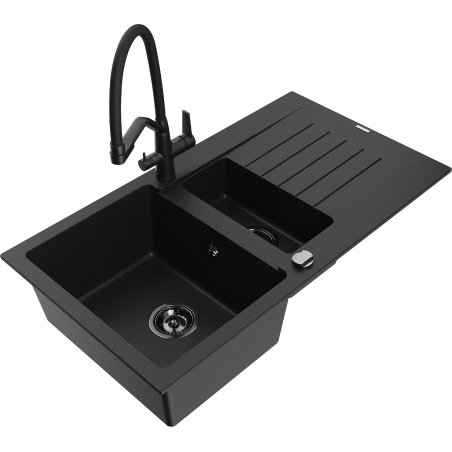 Mexen Matias granitový dřez 1,5-komorový s odkapávačem a kuchyňskou baterií Duo, černý - 6502-77-671701-70-B