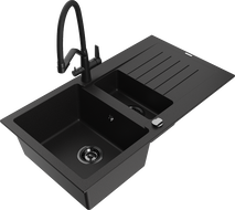 Mexen Matias granitový dřez 1,5-komorový s odkapávačem a kuchyňskou baterií Duo, černý - 6502-77-671701-70-B