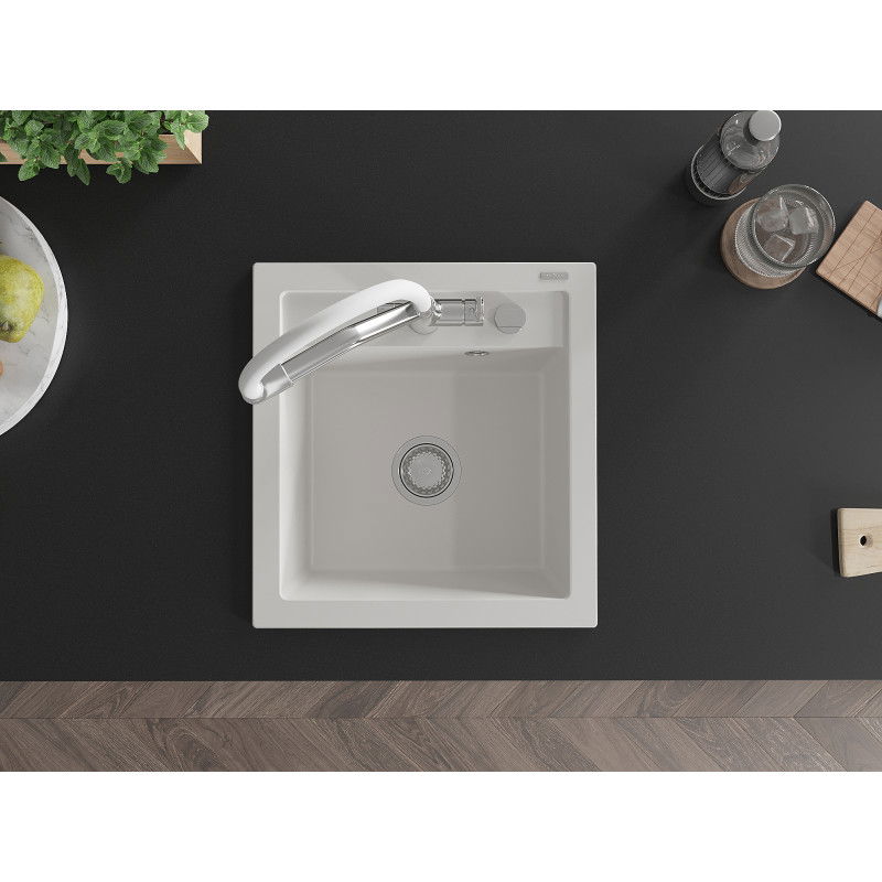 Mexen Vito granitový dřez s 1 komorou a kuchyňskou baterií Duo, bílý - 6503-20-671701-02