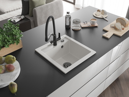 Mexen Vito granitový dřez 1-komorový s kuchyňskou baterií Duo, bílý - 6503-20-671701-70-B