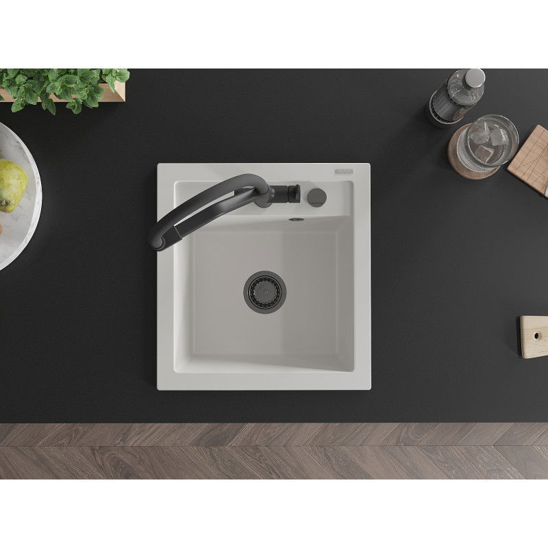 Mexen Vito granitový dřez 1-komorový s kuchyňskou baterií Duo, bílý - 6503-20-671701-70-B