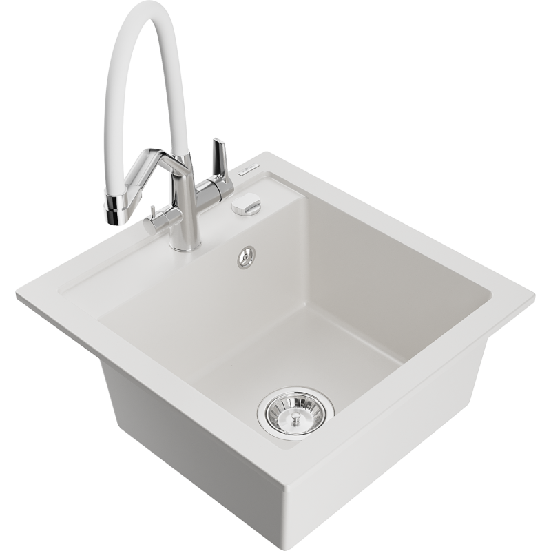 Mexen Vito granitový dřez s 1 komorou a kuchyňskou baterií Duo, bílý - 6503-20-671701-02