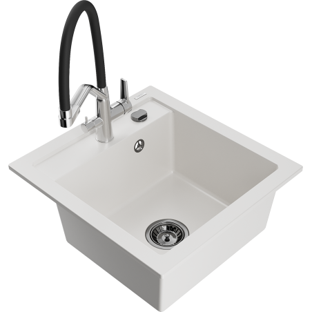 Mexen Vito granitový dřez s 1 komorou a kuchyňskou baterií Duo, bílý - 6503-20-671701-07-B