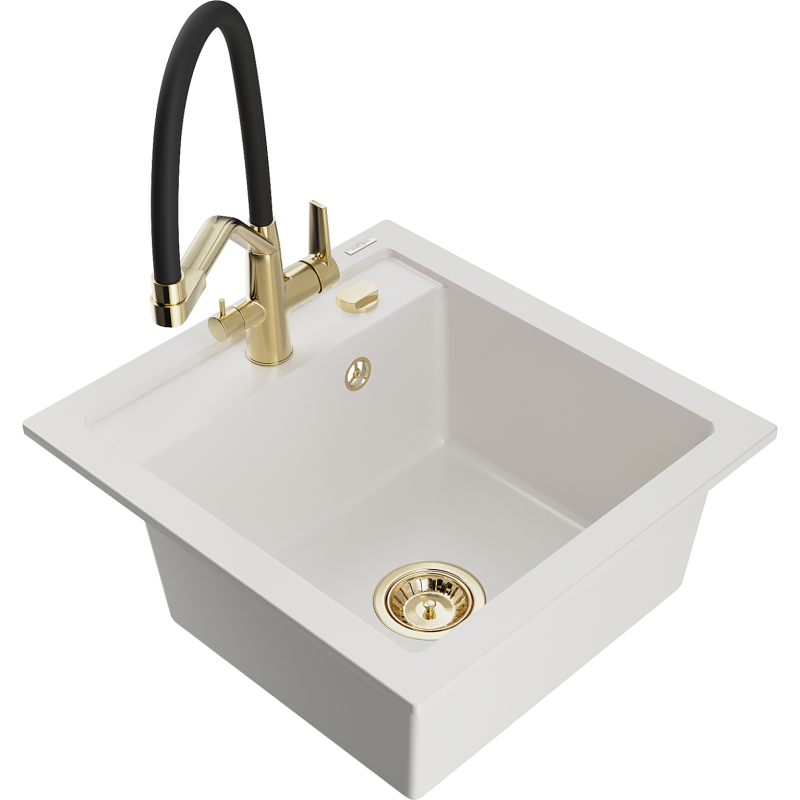 Mexen Vito granitový dřez 1-komorový s kuchyňskou baterií Duo, bílý - 6503-20-671701-57-G