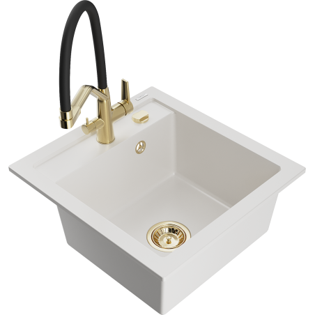 Mexen Vito granitový dřez 1-komorový s kuchyňskou baterií Duo, bílý - 6503-20-671701-57-G