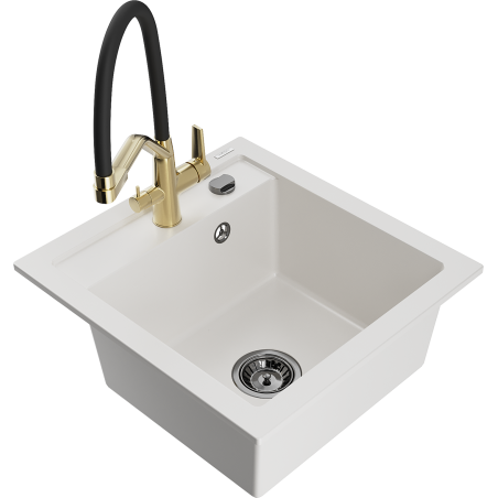 Mexen Vito granitový dřez 1-komorový s kuchyňskou baterií Duo, bílý - 6503-20-671701-57-B