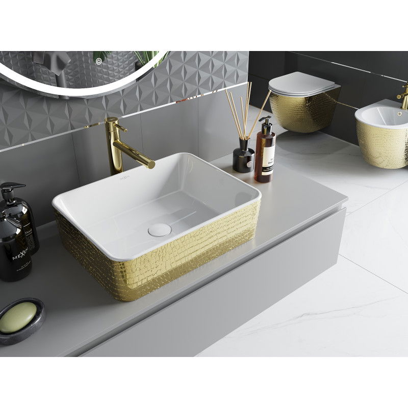Mexen Catia umyvadlo na desku 48 x 38 cm, bílá/zlatá vzor šupiny - 21314808