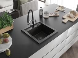 Mexen Vito granitový dřez s 1 komorou a kuchyňskou baterií Duo, černý/zlatý metalický - 6503-75-671701-07-B