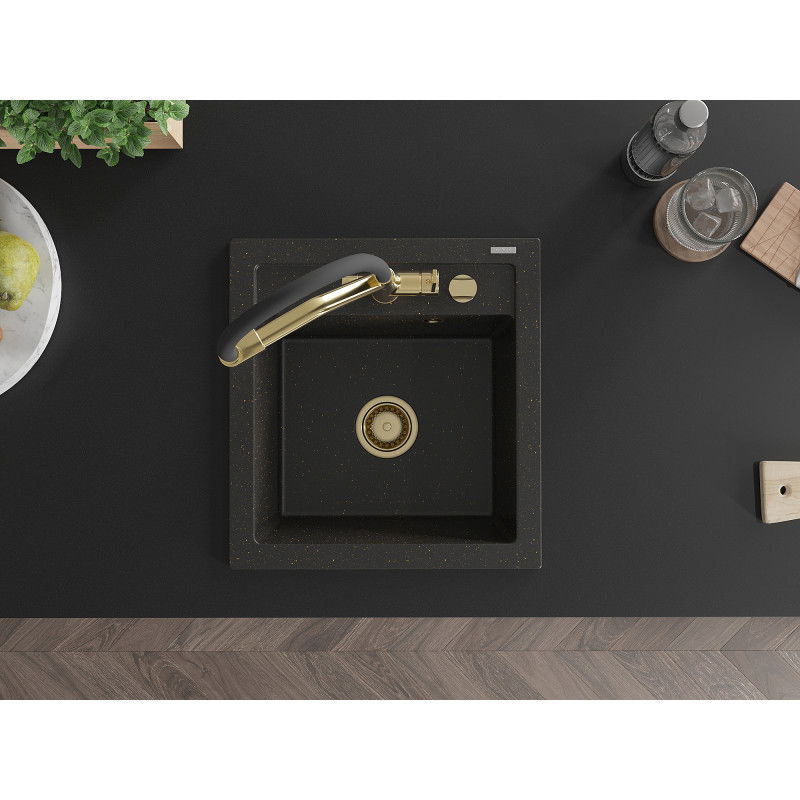 Mexen Vito granitový dřez 1-komorový s kuchyňskou baterií Duo, černý/zlatý metalik - 6503-75-671701-57-G
