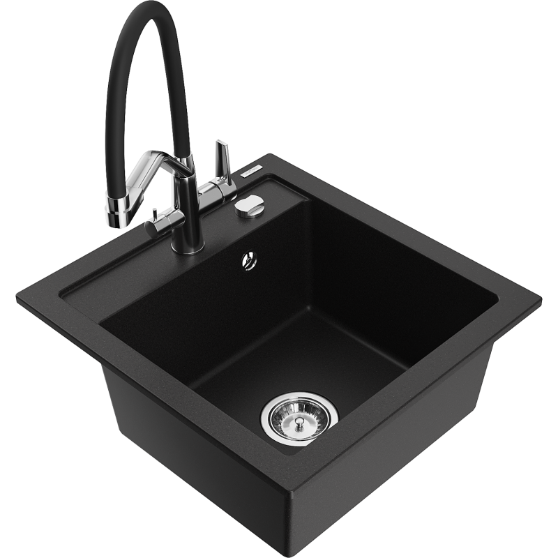 Mexen Vito granitový kuchyňský dřez 1-komorový s kuchyňskou baterií Duo, černý - 6503-77-671701-07