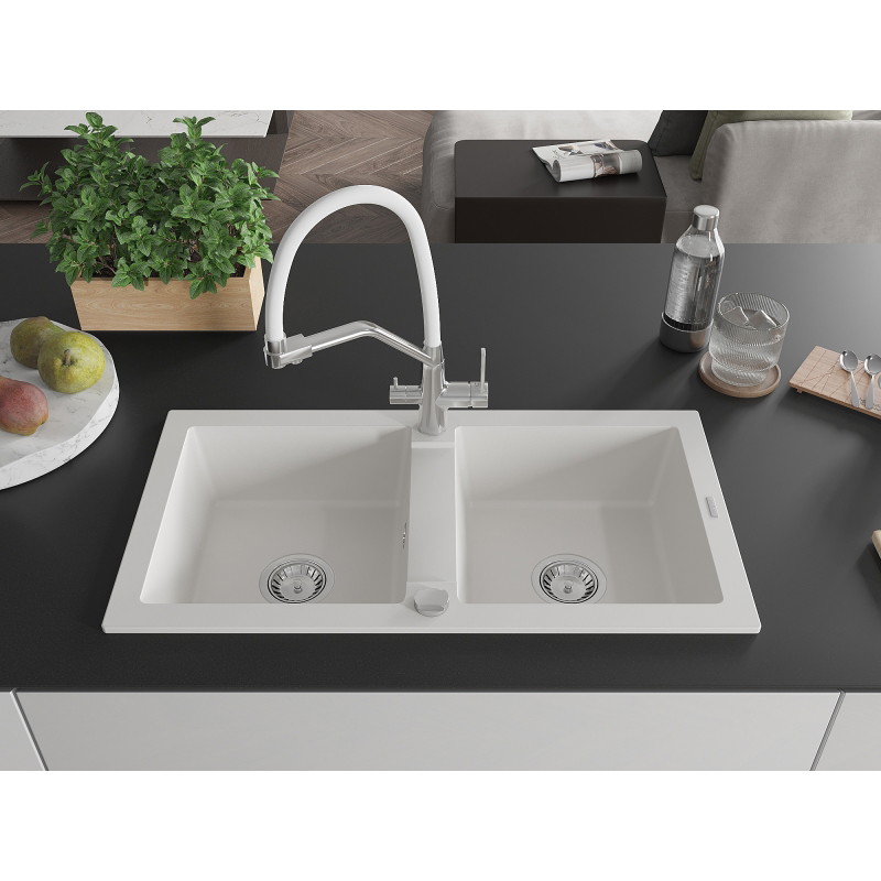 Mexen Mario granitový dřez 2-komorový s kuchyňskou baterií Duo, bílý - 6504-20-671701-02