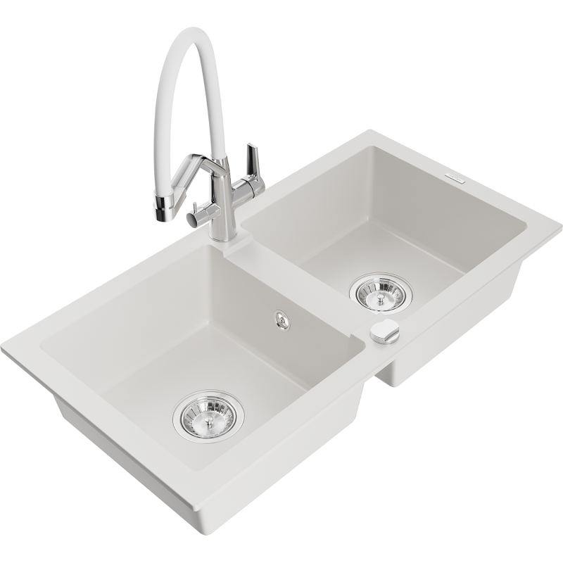 Mexen Mario dřez granitový 2-komorový s kuchyňskou baterií Duo, bílý - 6504-20-671701-02