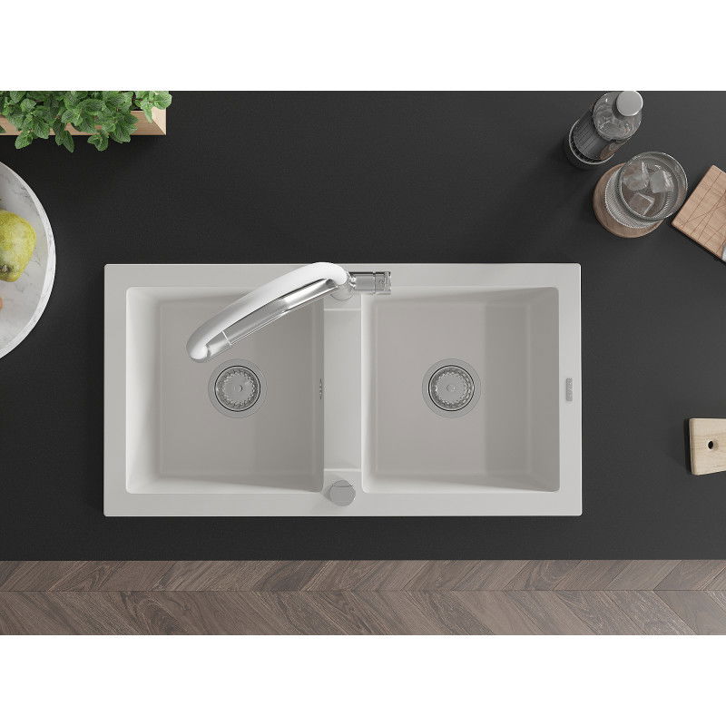 Mexen Mario dřez granitový 2-komorový s kuchyňskou baterií Duo, bílý - 6504-20-671701-02