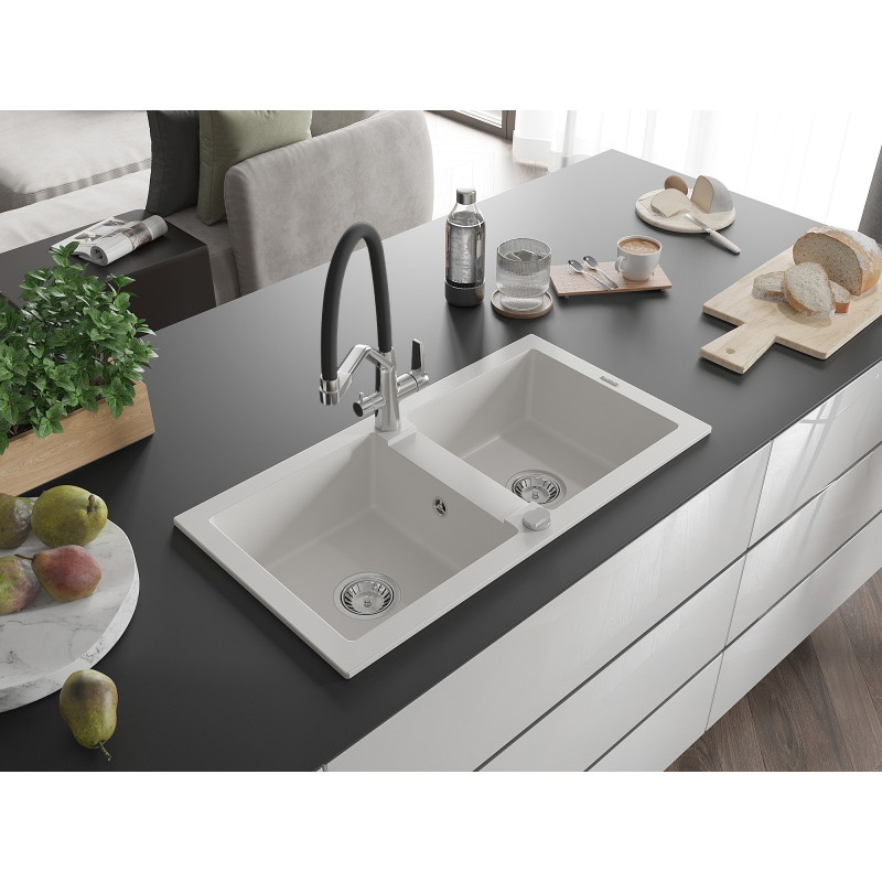 Mexen Mario dřez z granitu, dvojkomorový s kuchyňskou baterií Duo, bílý - 6504-20-671701-07