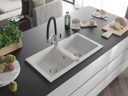 Mexen Mario dvoukomorový granitový dřez s kuchyňskou baterií Duo, bílý - 6504-20-671701-07