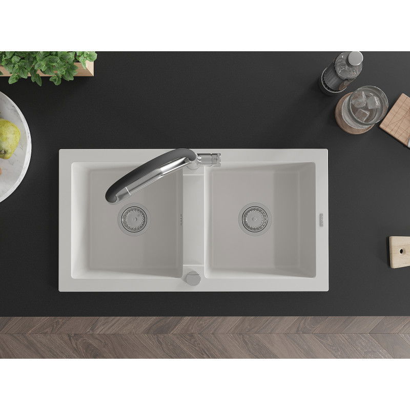 Mexen Mario dvoukomorový granitový dřez s kuchyňskou baterií Duo, bílý - 6504-20-671701-07