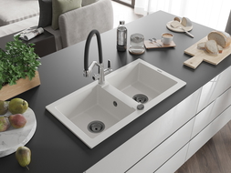 Mexen Mario žulový dřez 2-komorový s kuchyňskou baterií Duo, bílý - 6504-20-671701-07-B