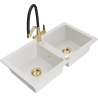Mexen Mario granitový dřez dvoukomorový s kuchyňskou baterií Duo, bílý - 6504-20-671701-57-G