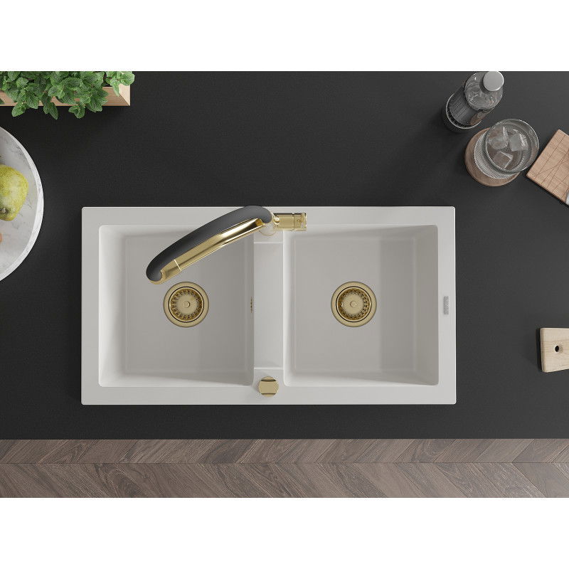 Mexen Mario dřez granitový 2-komorový s kuchyňskou baterií Duo, bílý - 6504-20-671701-57-G