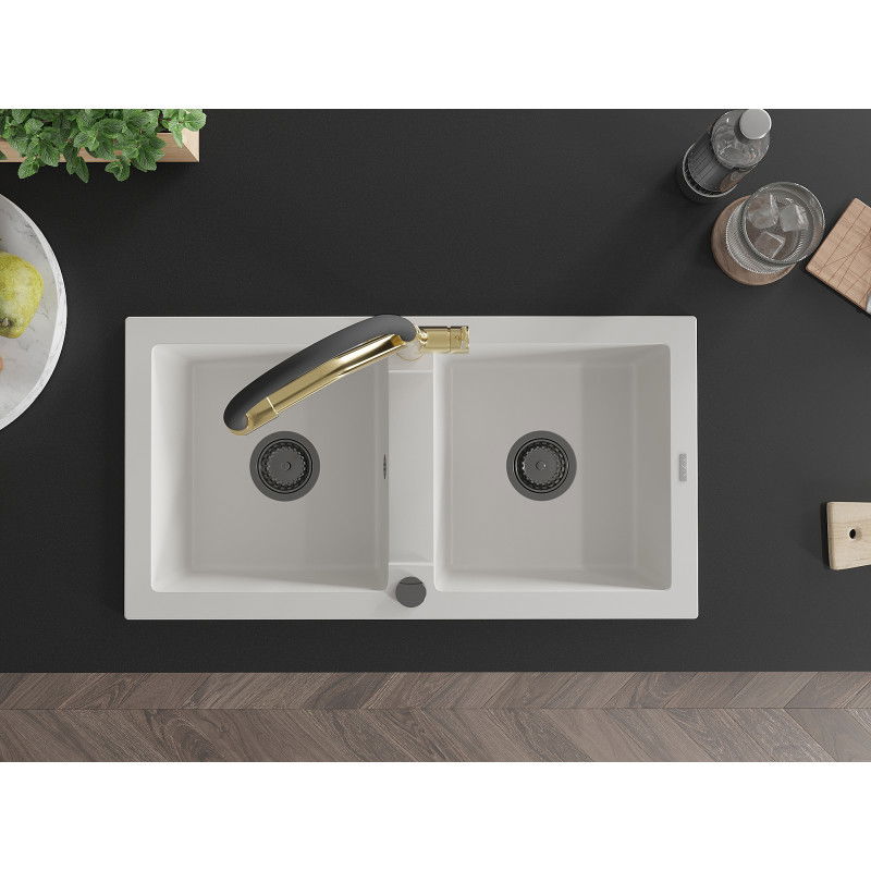 Mexen Mario granitový dřez 2-komorový s kuchyňskou baterií Duo, bílý - 6504-20-671701-57-B