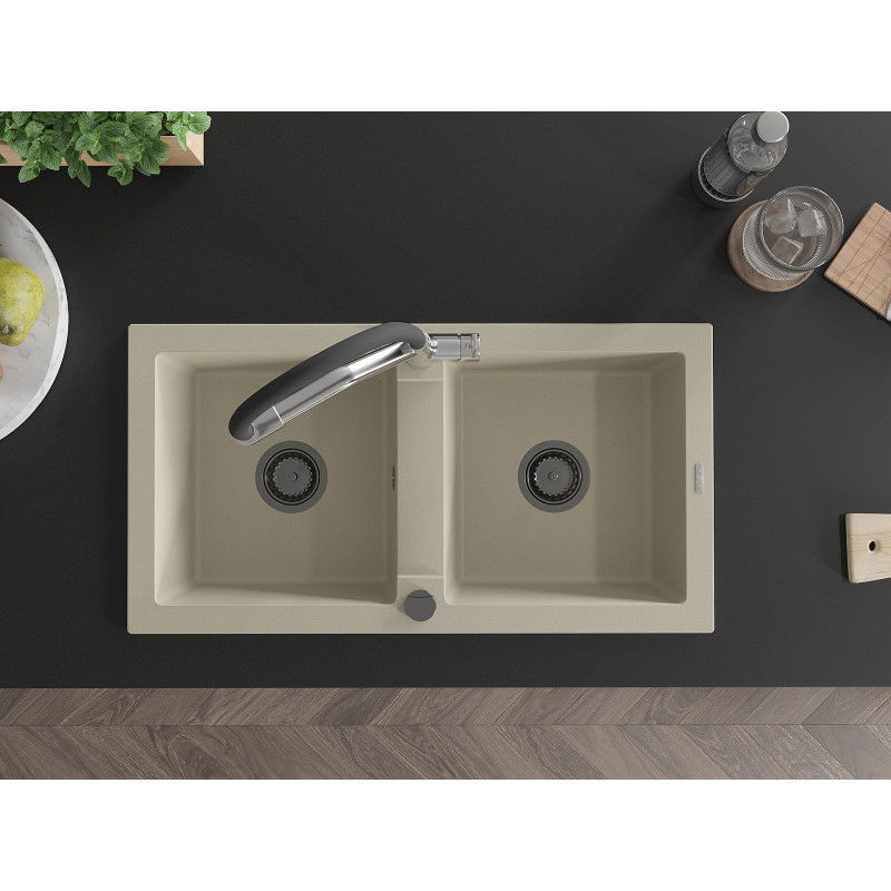 Mexen Mario žulový dřez 2-komorový s kuchyňskou baterií Duo, béžový - 6504-69-671701-07-B