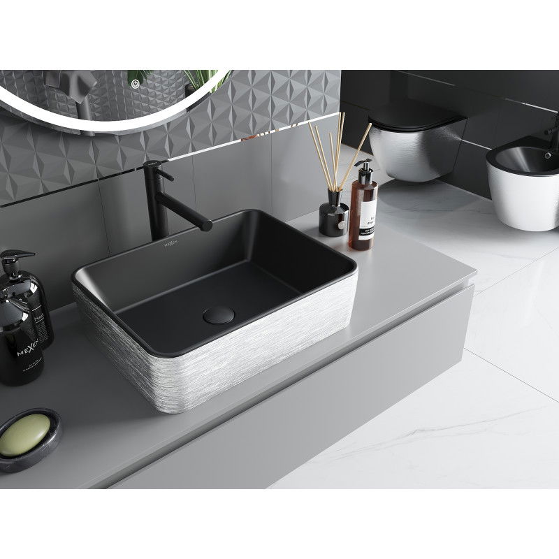 Mexen Catia umyvadlo na desku 48 x 37 cm, černá mat/stříbrný vzor linie - 21314873