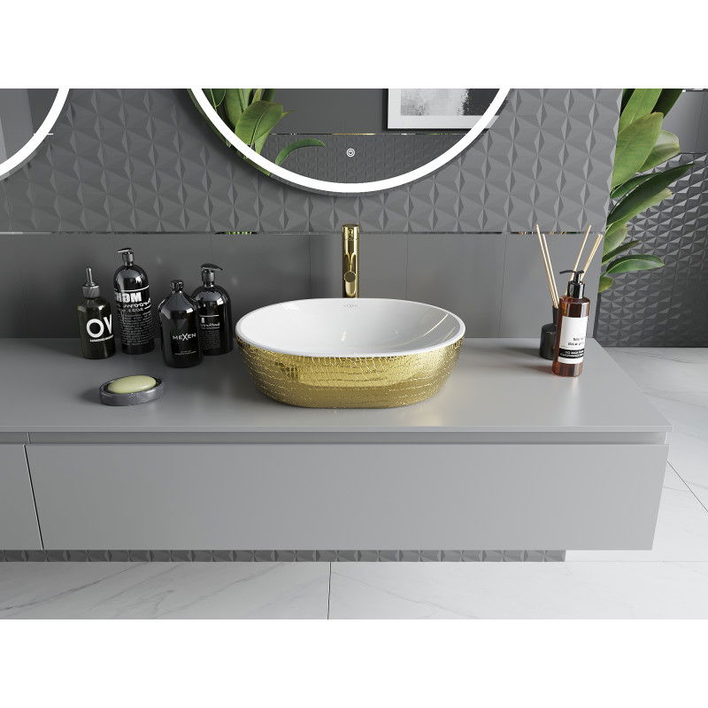 Mexen Viki umyvadlo na desku 48 x 35 cm, bílá/zlatá vzor šupiny - 21054808