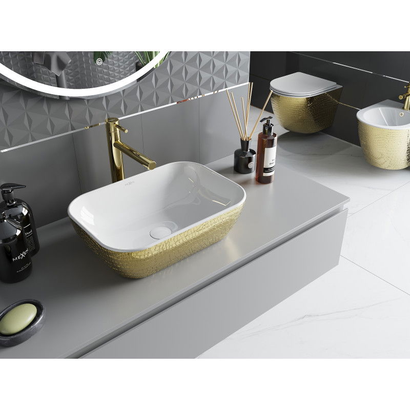 Mexen Rita umyvadlo na desku 45 x 32 cm, bílá/zlatá vzor šupiny - 21084554