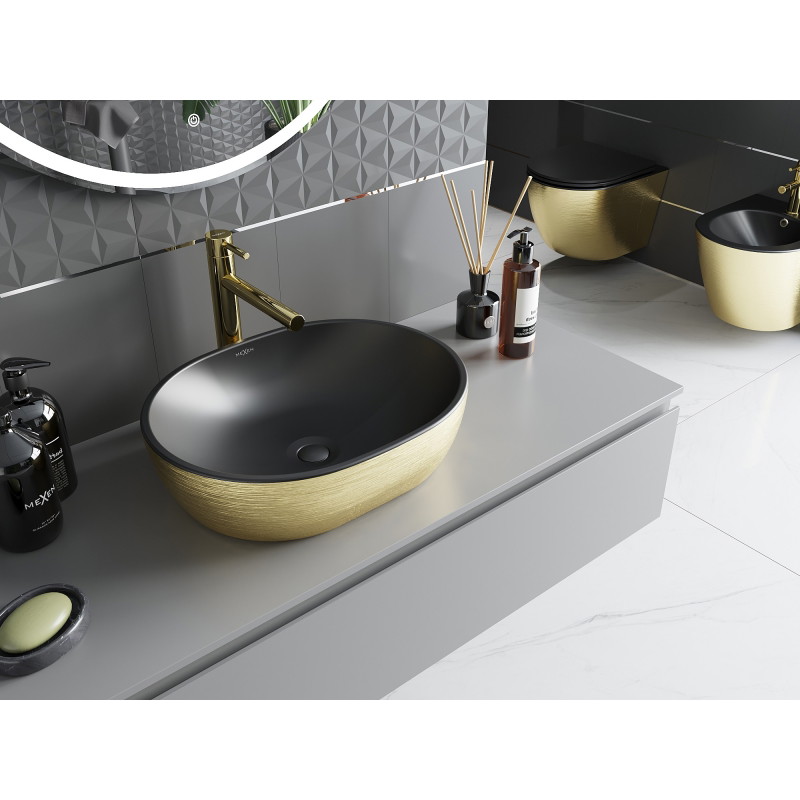 Mexen Viki umyvadlo na desku 48 x 35 cm, černá mat/zlatý vzor linie - 21054877